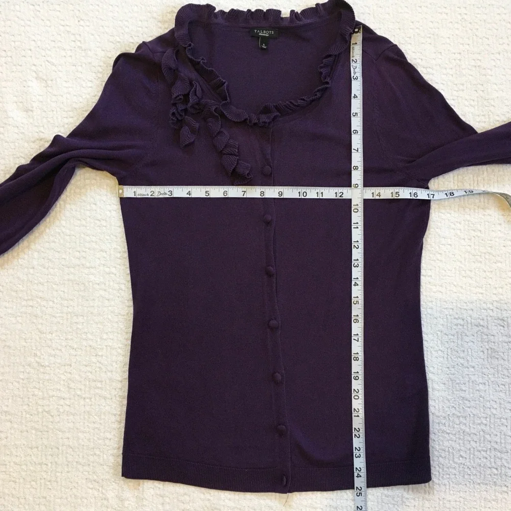 Talbots Womens S Cardigan Plum Long Sleeve Button‎ Front Ruffle Neck Office